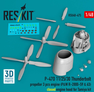 Republic P-47 D 11/25/30 Thunderbolt - Propeller (3 pcs) and engine (P&W R-2800-59 & 63) / Closed Engine Hood (for Tamiya Kits / 3D-Printed)