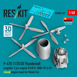 Republic P-47 D 11/25/30 Thunderbolt - Propeller (3 pcs) and Engine (P&W R-2800-59 & 63) / Closed Engine Hood (for MiniArt Kits / 3D-Printed)
