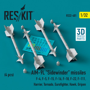 AIM-9L 'Sidewinder' Missiles (4pcs) (F-4, F-5, F-15, F-16, F-18, F-22, F-111, Harrier, Tornado, Eurofighter, Hawk, Gripen) (3D Printed)