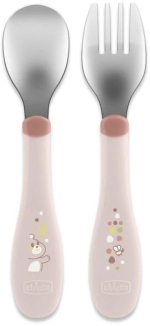Chicco Σετ Πιρούνι-Κουτάλι Μεταλλικό 18m+ Natural Ροζ (F05-16102-15)