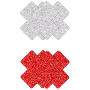 NS Novelties Glitter Cross Pasties Silver & Red 2 Pair