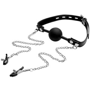 XR Brands Silicone Ball Gag with Nipple Clamps