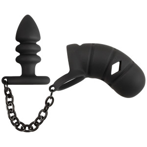 Black Velvets Cock Cage With Butt Plug Black