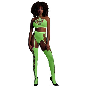 Ouch! Glow In The Dark Two Piece With Crop Top And Stockings Green OS