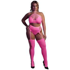 Ouch! Glow In The Dark Two Piece With Crop Top And Stockings Pink OSX
