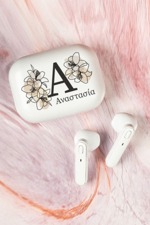 Earbud Bluetooth Handsfree Ακουστικά με Θήκη Φόρτισης & Σχέδιο Floral Monogram