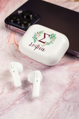 Earbud Bluetooth Handsfree Ακουστικά με Θήκη Φόρτισης & Σχέδιο Floral Letter