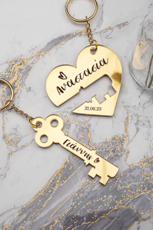Σετ 2 Μπρελόκ Κλειδιών Golden Mirror για Ζευγάρι Love Locket