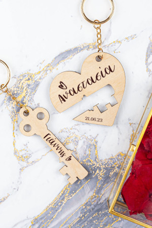 Σετ 2 Ξύλινων Μπρελόκ Κλειδιών για Ζευγάρι Love Locket