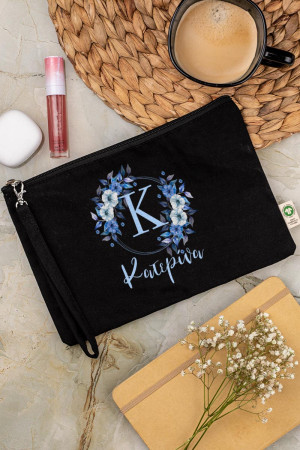 Μεγάλο Πρακτικό Μαύρο Τσαντάκι & Νεσεσέρ με Σχέδιο Blue Petal