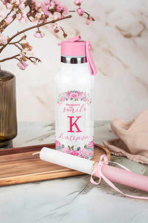Παγούρι με Καλαμάκι σε Σχέδιο Pink Roses & Premium Λαμπάδα