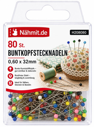 Nähmit - Kunststoff Stecknadeln Bunt 0,60 x 32mm / 80St.