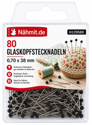 Nähmit - Glaskopf Stecknadeln SCHWARZ 0,70 x 38mm / 80St.