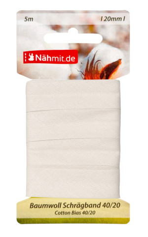 Nähmit 5m Karte Baumwoll Schrägband, 100% Baumwolle 40/20 501 - weiss