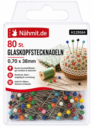 Nähmit - Glaskopf Stecknadeln BUNT 0,70 x 38mm / 80St.