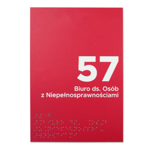 Tabliczka z dibondu z alfabetem Braille'a z numerem pomieszczenia, nazwą budynku
