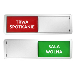 Przesuwna tabliczka magnetyczna samoprzylepna TRWA SPOTKANIE / SALA WOLNA - srebrna