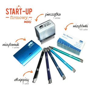 Start-up MINI, Zestaw produktów na start nowej firmy: pieczątka, wizytówki, wizytownik, długopisy - Wszystko z Twoim znakiem firmowym / logo