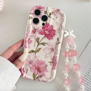 etui w różowe kwiaty ze smyczką iphone 15 pro max
