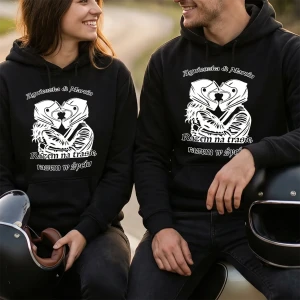 Bluzy z kapturem dla pary motocyklistów RAZEM NA TRASIE, RAZEM W ŻYCIU z imionami