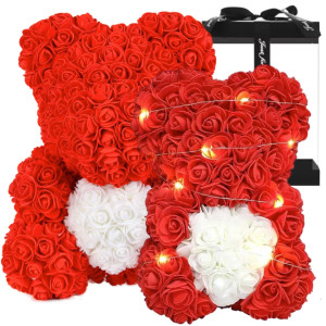 Miś z Róż Rose Bear LED 25 cm – prezent na walentynki z płatków róż ZŁOŻONY na dzień kobiet prezent dla niej