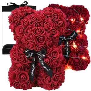 Miś z Róż Rose Bear LED 25 cm – prezent na walentynki z płatków róż ZŁOŻONY na dzień kobiet prezent dla niej