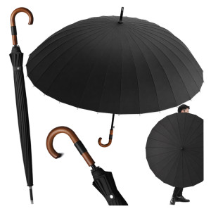 Parasol męski długi czarny przeciwdeszczowy 24 druty drewniana rączka