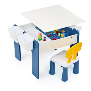 Măsuță multifuncțională pentru copii, folosita la activitati creative, construit modular cu blocuri, depozitare, desenat, colorat, din lemn mdf, scaun inclus, 57x57x45, 3-6 ani, onuvio®
