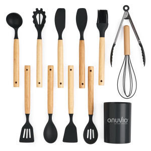 Set ustensile bucatarie 12 piese, marime mica xs 500g, lemn si silicon alimentar, termorezistente, antiaderente, suport blat, onuvio® daria mini