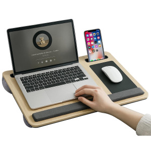 Masuta laptop pentru poala onuvio® tip bed desk / lazy table 55x34 cm, cu suport mouse si suport antebrat cu perne duble de aerisire, pentru laptopuri pana la 17 inch