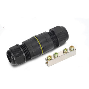 Conector impermeabil ip68 in linie 80a, cu bara de cupru – pentru conductoare 6–16 mm2, presetupe m25 diametru cablu 5-8 mm, circuite de putere exterior – onuvio