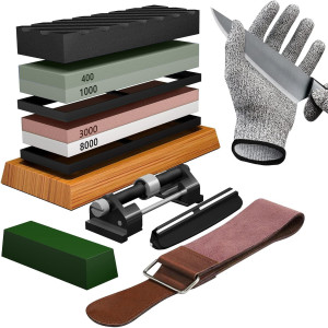 Set profesional ascutit cutite onuvio®, sistem avansat 12 piese, pietre apa whetstone 400–8000, ghidaj unghi, suport fixare lama, baza bambus, curea piele si manusa protectie