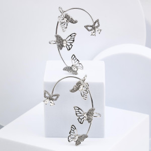 Cercel pentru toata urechea, elegant, tip ear cuff, fluturi placati cu zirconiu, onuvio®, argintiu
