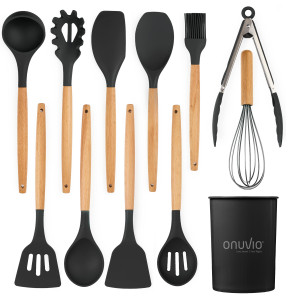 Set ustensile bucatarie 12 piese marime mare xl 1050g, lemn si silicon alimentar, termorezistente, antiaderente, suport blat, onuvio™ daria