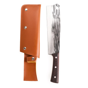 Cutit profesional tip satar outdoor, onuvio®, full tang, universal, pentru oase, feliat, tranșat, tocat, otel carbon, lama forjata, 340mm, husa inclusa, maro inchis