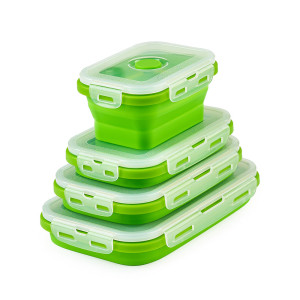 Set 4 caserole pliabile extensibile dreptunghiulare onuvio® din silicon alimentar cu capac - 350 ml, 500 ml, 800 ml, 1200 ml, rezistente de la -40 la 200°c, pentru păstrat, Încălzit și transp