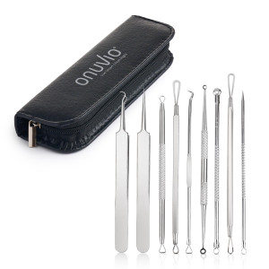 Trusa cosmetica profesionala pentru extractie puncte negre, comedoane, acnee, ustensile cosmetice din inox, 9 piese, onuvio®