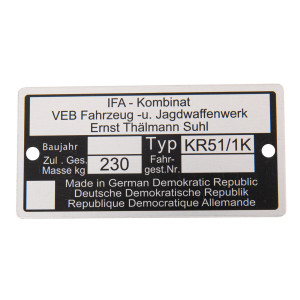 Typenschild KR51/1K (Aluminium)