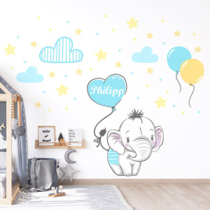 Elefant und Name im blauen Herzballon