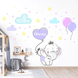 Elefant und Name im lila Herzballon