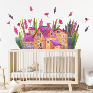 Wandsticker bunte Häuser mit Blumen