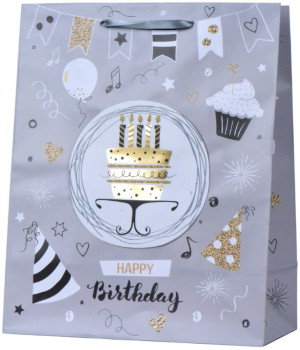 Torebka Prezentowa Happy Birthday Urodziny Szara - 23cm - pluszak, maskotka