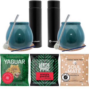 Zestaw do Yerba Mate: 2x Matero "Turquesa" + 2x Termos LED + 2x Bombilla + Próbki Soul Mate, Yaguar i Verde Mate 3x50g (0,15kg Suszu) + Akcesoria