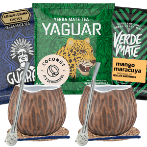 Zestaw do Yerba Mate: 2x Matero / Tykwa "Coconut" + 2x Bombilla + Próbki Yaguar, Verde Mate i Guarani 3x50g (0,15kg Suszu) + Akcesoria – dla Dwojga