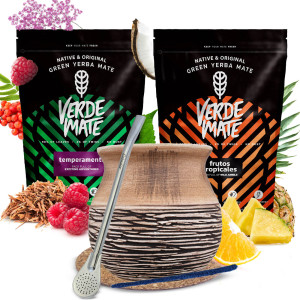 Zestaw Yerba Mate Verde Mate Green Frutos Tropicales 500g i Temperamento 500g (1kg Suszu) + Matero / Tykwa "Anciento" + Bombilla + Akcesoria