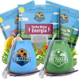 Zestaw do Yerba Mate: 2x Matero Ceramiczne / Tykwa + 2x Bombilla + Próbki Rio Parana 3x50g (0,15kg Suszu) + Akcesoria – dla Dwojga