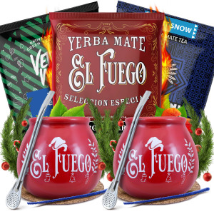 Zestaw do Yerba Mate: 2x Matero "Christmas Edition" + 2x Bombilla + Próbki Verde Mate, Guarani i El Fuego 3x50g (0,15kg Suszu) + Akcesoria – Zimowy