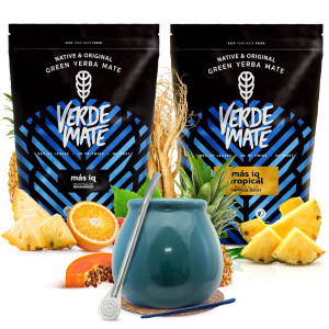 Zestaw Yerba Mate Verde Mate Green Más IQ 500g i Más IQ Tropical 500g (1kg Suszu) + Matero Ceramiczne / Tykwa "Turquesa" + Bombilla + Akcesoria