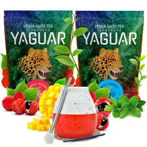 Zestaw Yerba Mate Yaguar Wild Energy 500g i Energía Guaraná 500g (1kg Suszu) + Matero Ceramiczne / Tykwa + Bombilla + Akcesoria