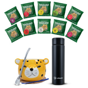 Zestaw do Yerba Mate: Matero Ceramiczne / Tykwa "Yaguar Gatito" + Termos LED + Bombilla + Próbki Yaguar 10x50g (0,5kg Suszu) + Akcesoria – na Start